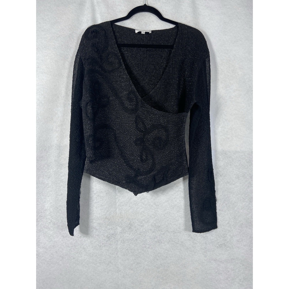 Anne Fontaine Top Women 5 Black Rosette Milla Faux Wrap Crinkle Long Sleeve NWOT